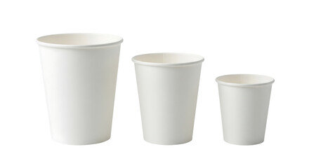 Three white disposable paper cups in different sizes, small, medium, and large. Isolated on transparent background, png