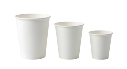 Three white disposable paper cups in different sizes, small, medium, and large. Isolated on transparent background, png