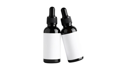 Two brown dropper bottles with blank labels, cosmetic packaging on transparent background