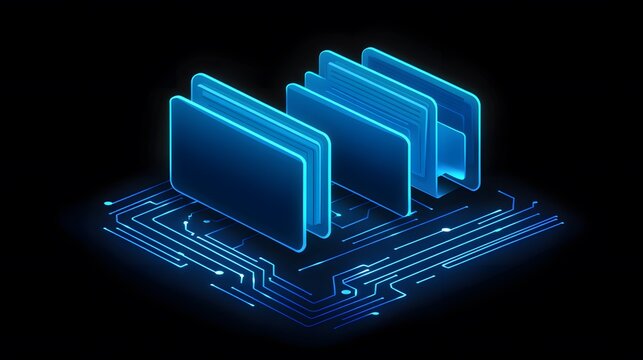 Glowing blue folders stacked above a circuit board on a black background, suggesting data storage and digital connectivity - Powered by Adobe