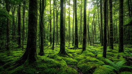 Lush forest scene with tall trees, dense green foliage, a mossy floor, and sunlight filtering through