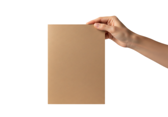 Woman's hand holding a blank brown cardboard sheet for mockup. Isolated on transparent background, png