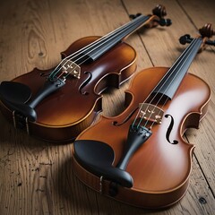 Fototapeta premium Two violins resting on a wooden surface.