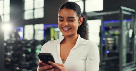 Phone, scroll and smile with woman at gym for fitness app, workout schedule and communication. Networking, training guide and online exercise with person in sports club for connection, chat and web - Powered by Adobe