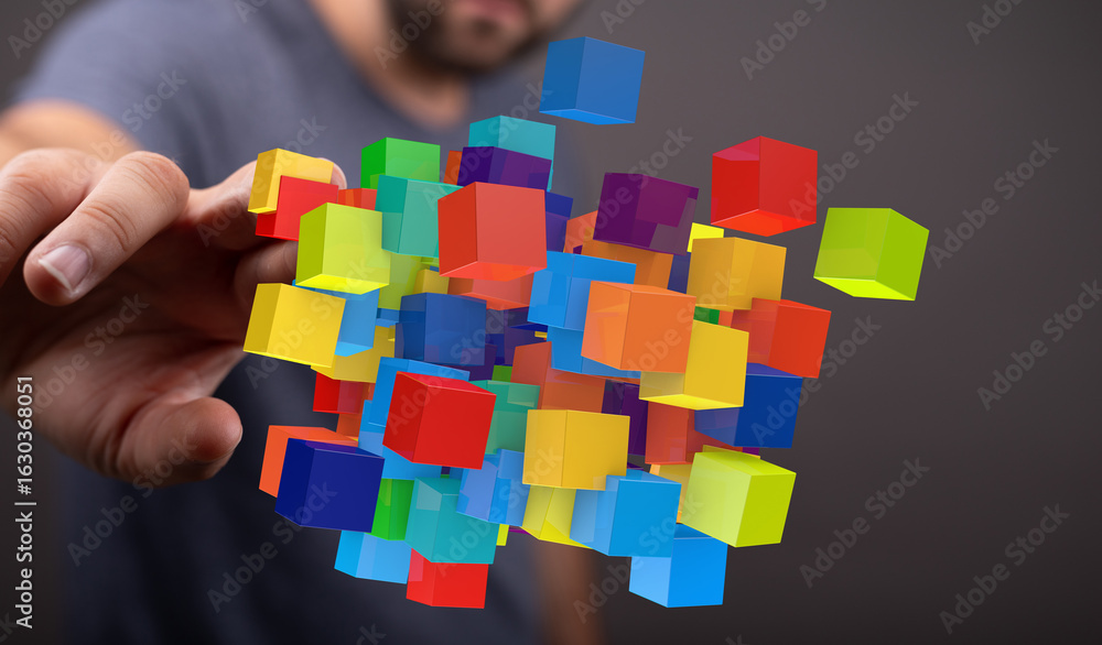 Poster abstract image of colorful cubes representing data, technology, or innovation.
