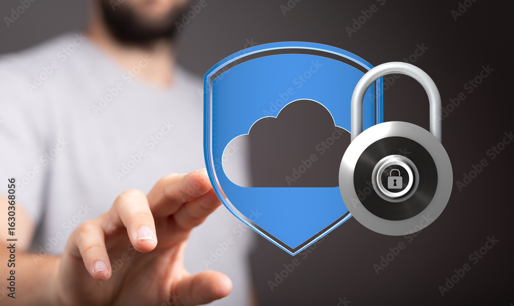 Poster safeguard your cloud data with robust security. image depicts a shield and padlock.