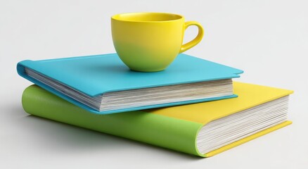 Fototapeta premium Colorful books and a cup. A stack of two brightly colored books, teal and lime green, with a yellow mug resting atop them. Flat lay against a plain white background