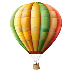 Colorful hot air balloon, round and full, with vertical stripes of orange, yellow, green, and red.  Basket at bottom