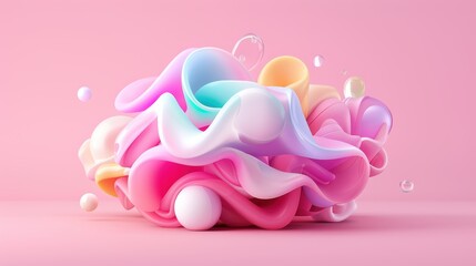 Fototapeta premium Abstract Colorful Wave Shape with Blobs and Bubbles on Pink Background