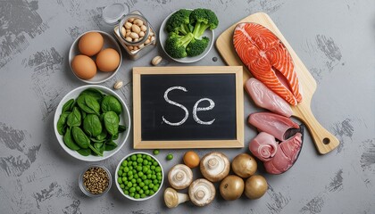 a flat lay displays various selenium-rich foods including salmon, eggs, spinach, mushrooms, peas, peanuts, and sunflower seeds alongside a small chalkboard displaying "se".