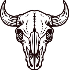 Obraz premium Vintage engraved drawing of a bull skull with large curved horns isolated on white background illustration
