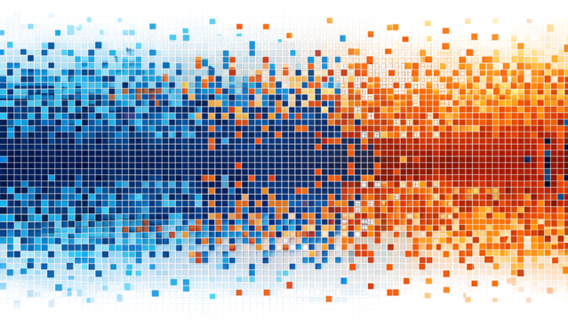 Abstract mosaic pattern of blue and orange squares transitioning across a white background isolated on a transparent background