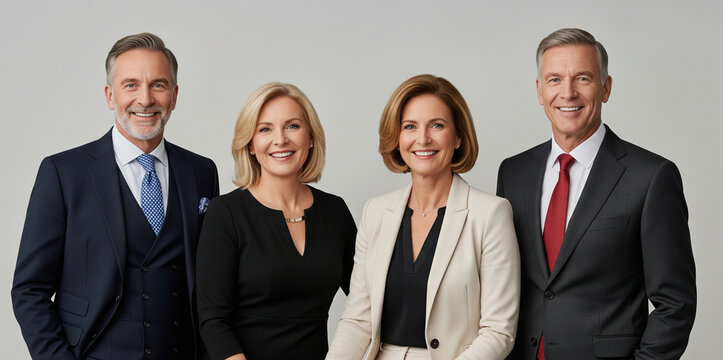 A group of four mature business professionals (two men and two women) aged between 45 and 63 years old, posing in a studio setting. The men are wearing elegant tailored suits with ties, and the women 