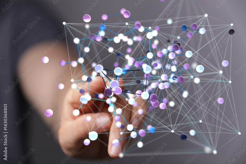Poster abstract image of interconnected nodes, representing global networks, data flow, and digital connect