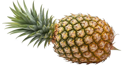 A vibrant pineapple with detailed skin and lush green crown lies against a dark, plain background.