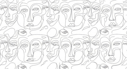 Abstract line art portrait pattern a repeating mosaic of expressive faces in a minimalist monochrome design