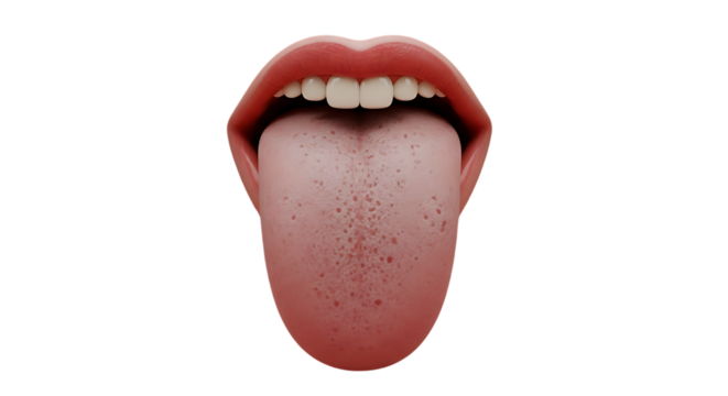 Close up of human mouth with tongue sticking out against black background for medical concept and expressions