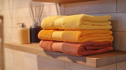 Close-up of three stacked towels in different shades of yellow, orange and brown on a wooden shelf, bathroom interior with beige tiles.