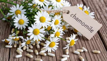 Obraz premium a scattering of chamomile flowers and capsules lie on a rustic wooden surface next to a tag labeled 