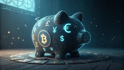 Piggy Bank with Currency Symbols on Platform