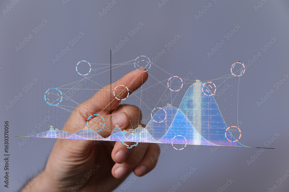 Poster hand interacting with a holographic graph showing business analytics and growth. perfect for technol