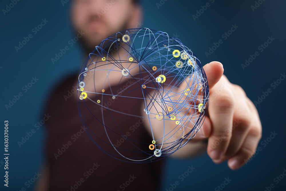 Poster abstract image of a man interacting with a digital global network. ideal for technology, business, a