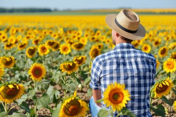 Man enjoying a sunny day in a sunflower field while wearing a hat and plaid shirt