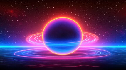 Neon planet in swirling rings against a starry void