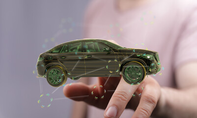 Person holding a futuristic digital car model.  Represents innovation, technology, and the future of automotive.