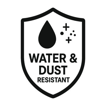 Black line shield icon with drop and particles, representing water and dust resistance. Simple, bold, and modern protection label symbol