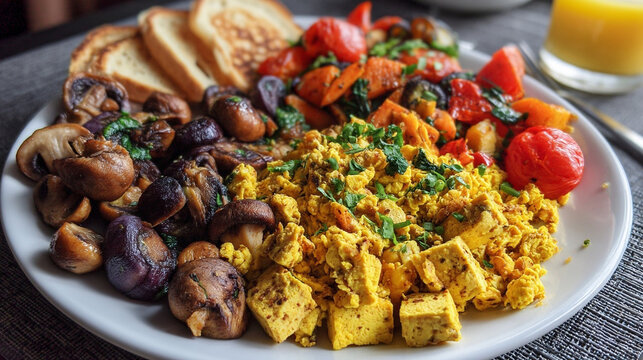 A plate of tofu scramble with mushrooms, tomatoes, toast and a glass of juice nearby