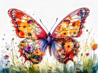 Watercolor Butterfly with Wildflowers and Colorful Splashes on White Background