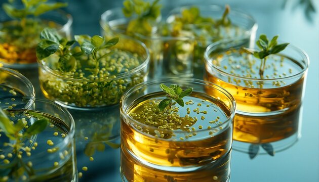 emerging seedlings sprout in petri dishes filled with nutrient solution, reflecting on a glossy surface.