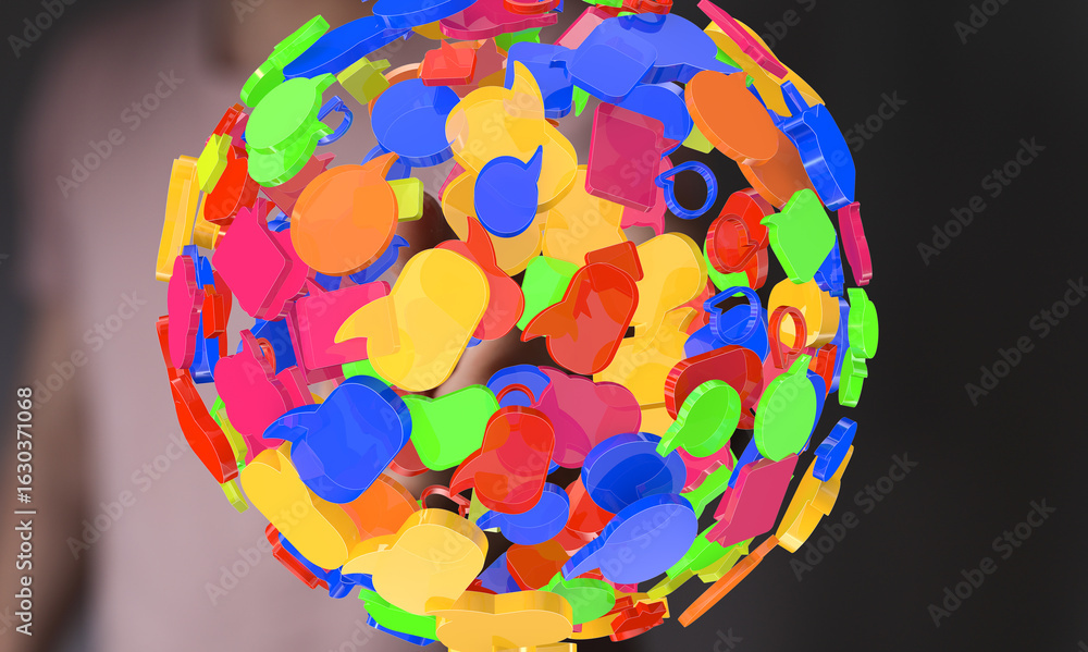 Poster abstract 3d rendering of colorful speech bubbles forming a sphere, symbolizing global communication 