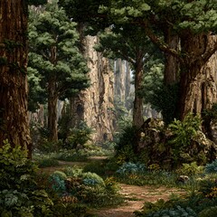 Obraz premium Forest path with old trees & plants leads onward. Forest art print, book cover