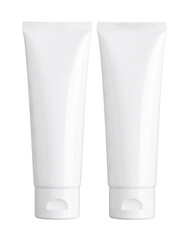 Two white cosmetic tubes for skincare, lotion, or cream on display on transparent background