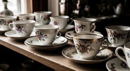 Fototapeta premium Heirloom Floral Teacups with Gold Rims Resting on a Rustic Wooden Shelf