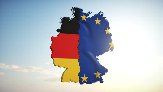 Torn German & EU flags merge, sky backdrop, political concept