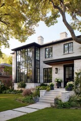 Modern home with large windows and elegant landscaping showcasing contemporary architecture in a suburban neighborhood during daytime