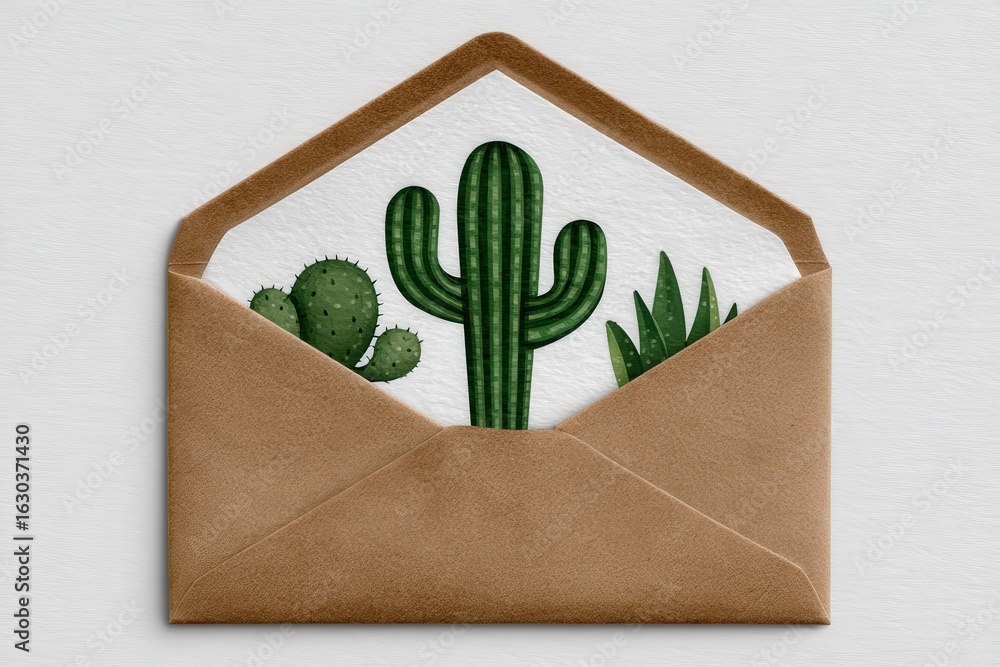 Poster artistic depiction of green cacti nestled inside a rustic kraft envelope designed to enhance the cha