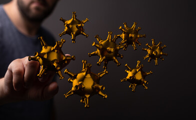 Abstract 3D render of golden virus particles.  Medical concept.
