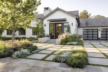 Modern residential home with landscaped garden showcasing natural beauty and harmonious architecture in a serene suburban neighborhood