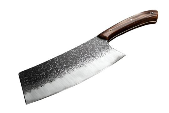 Hand forged meat cleaver knife with wooden handle isolated on transparent background