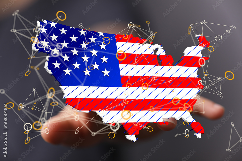 Poster image of a digital us map showing network connections. represents connectivity and technology in ame