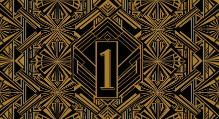 Elegant art deco geometric pattern with a central golden number one emblem