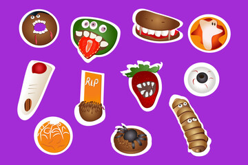 Desserts  chocolate of spider cookie, spooky strawberries, hot dog mummies, eye.  Halloween horror night holiday and trick or treat party spooky.