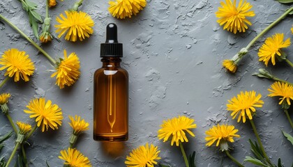 a dark amber glass dropper bottle sits centered amidst a circular arrangement of vibrant yellow dandelion flowers on a textured gray surface.