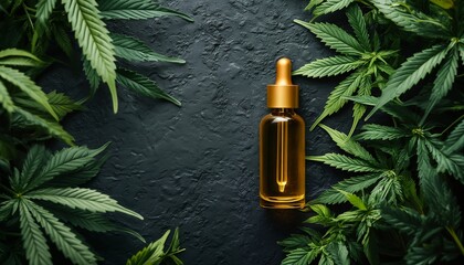 a small amber glass dropper bottle of cbd oil is framed by lush green cannabis leaves on a dark textured background.