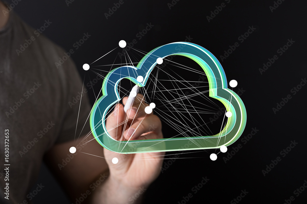 Poster person drawing a cloud network. digital technology, data storage, and cloud computing concepts.