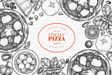 Hand Drawn Vector Pizza Illustration. Not AI Generated. Retro Margarita Pizza Design Template. Old School Italian Food Background